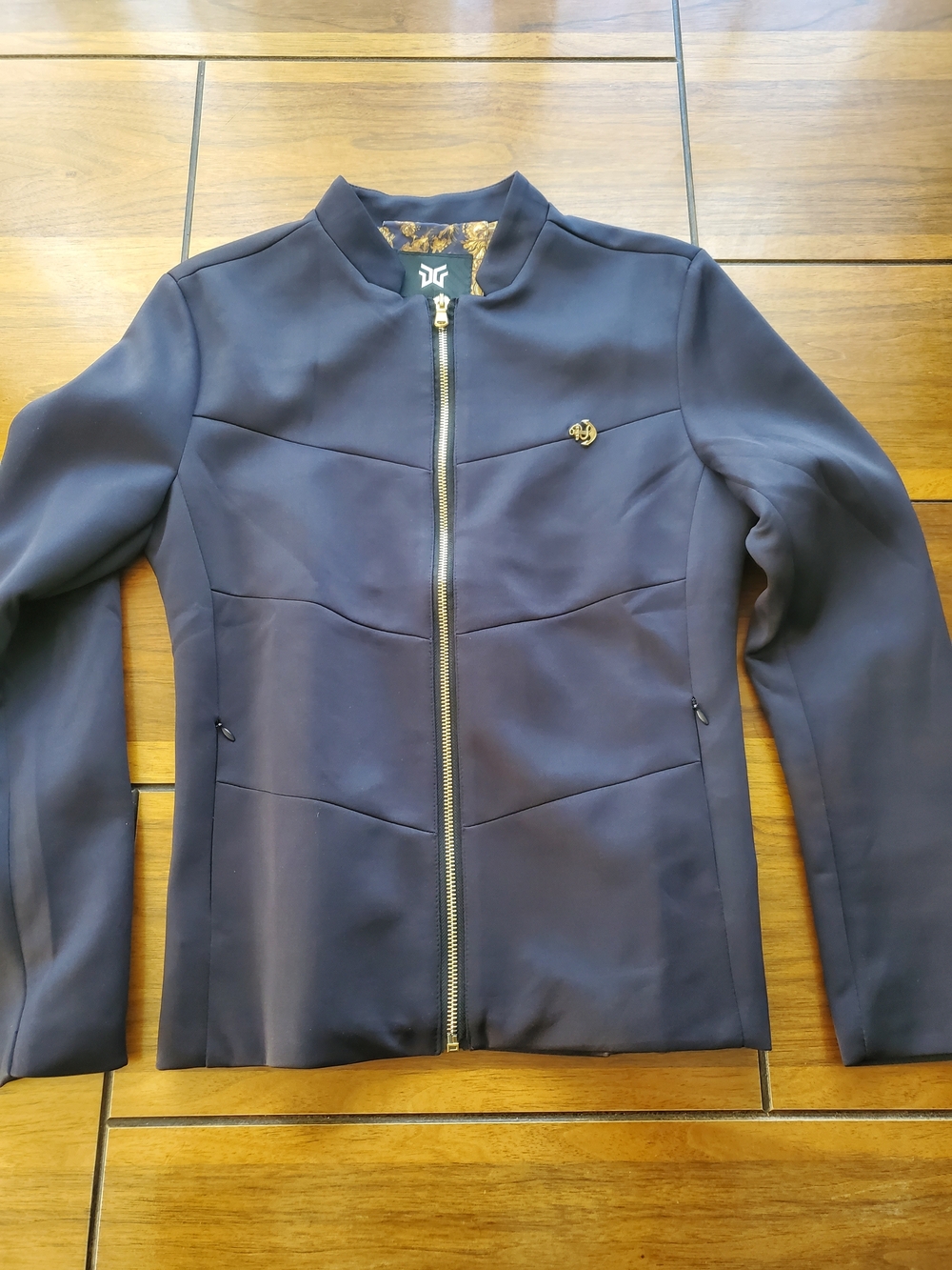 Men's Dark Navy Bomber Jacket with Gold Zip and Crest Pin